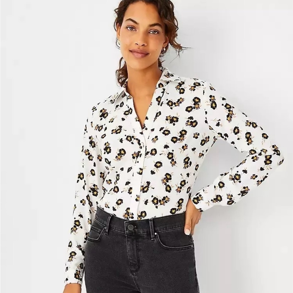 Ann Taylor Petite Floral Print Button Down Career Blouse XSP